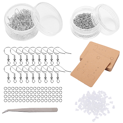 Kits de découverte de boucles d'oreilles bricolage, inclure des crochets de boucle d'oreille en laiton, écrous en silicone, la carte d'affichage de papier, 304 Anneaux en acier inoxydable, pincettes de fer