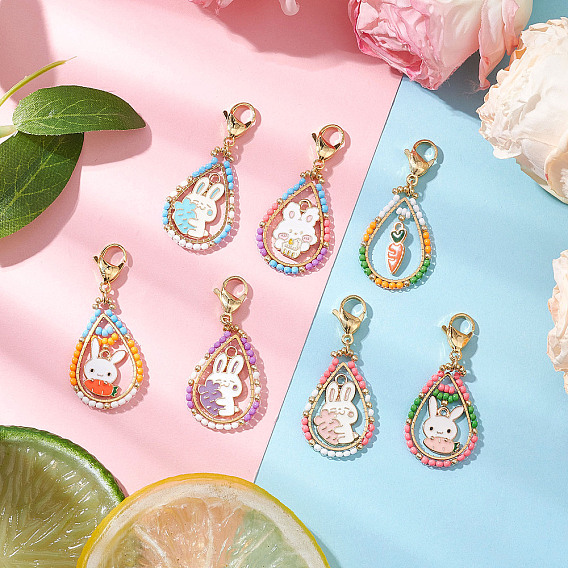 Easter Teadrop Glass Seed Beaded & Alloy Enamel Carrot Rabbit Pendant Decorations, with 304 Stainless Steel Lobster Claw Clasps