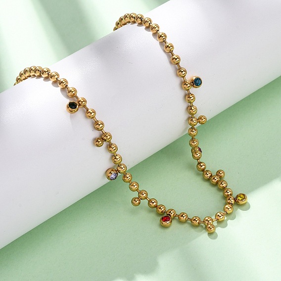 304 ожерелья из нержавеющей стали с шариковой цепочкой, разноцветными кубическими цирконами, плоскими круглыми кисточками для женщин, ионное покрытие (ip)