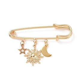 304 Stainless Steel Star & Sun & Moon Charms Safety Pin Brooch, Brass Sweater Shawl Clips for Waist Pants Extender Clothes Dresses Decorations