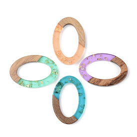 Transparent Resin & Walnut Wood Pendants, with Gold Foil, Oval