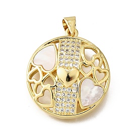 Подвески в форме ракушек из латуни с микропаве и кубическим цирконием, без кадмия и без свинца, круглые с сердцем