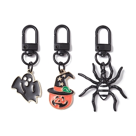 3Pcs 3 Styles Halloween Alloy Enamel Ghost/Spider/Pumpkin Pandant Decorations, Swivel Clasps Charms for Bag Ornaments