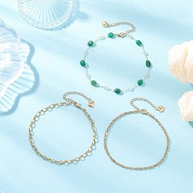 Натуральные драгоценные камни и 304 звенья цепи из нержавеющей стали 3 многослойные браслеты на лодыжку для женщин, золотые