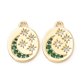 Eco-friendly Brass Micro Pave Cubic Zirconia Charms, Cadmium Free & Lead Free, Long-Lasting Plated, Oval with Star & Moon