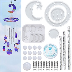 Kits de fabrication de carillons éoliens lune et étoile bricolage, y compris les moules, des perles en plastique, Perles à écraser en laiton , Fil cristal, fil élastique, tubes de fer