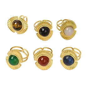 Natural Gemstone Finger Rings, Oval Golden Tone 304 Stainless Steel Cuff Rings for Women