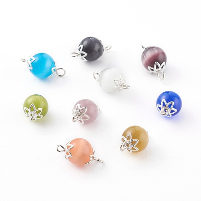 Cat Eye Links Connectors, with Platinum Iron Loops amd Silver Brass Bead Caps, Round