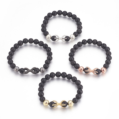 Stretch Bracelets, with Long-Lasting Plated Electroplated Natural Lava Rock, Natural Lava Rock and Brass Cubic Zirconia Beads, Claw