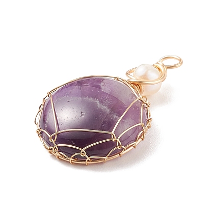 Natural & Synthetic Gemstone Pendants, with Golden Tone Copper Wire Wrapped and Natural Cultured Freshwater Pearl, Oval