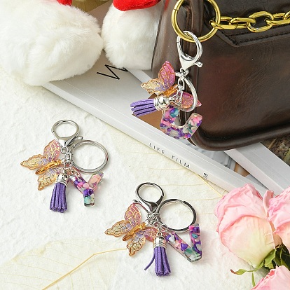 Porte-clés lettre en résine et breloques papillon en acrylique, Porte-clés pendentif pompon avec fermoir porte-clés en alliage