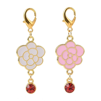 Alloy Enamel Peony Flower Pendant Decorations, with Glass Rhinestone, Lobster Clasp Charms, for Keychain, Purse, Backpack Ornament
