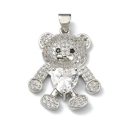 Brass Micro Pave Cubic Zirconia Pendants, Cadmium Free & Lead Free, Bear Charm