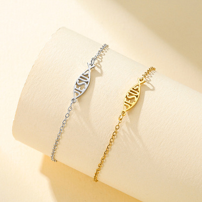 304 Stainless Steel Hollow Out Jesus Fish Link Bracelets for Women