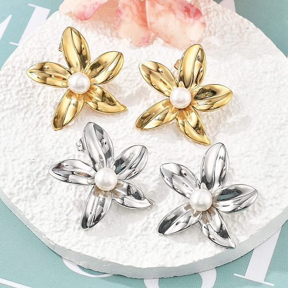 304 из нержавеющей стали серьги, с бисером пресноводного жемчуга, цветок, ионное покрытие (ip)