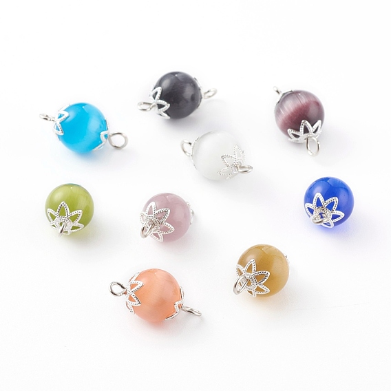 Cat Eye Links Connectors, with Platinum Iron Loops amd Silver Brass Bead Caps, Round
