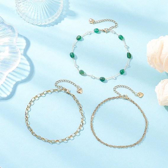 Натуральные драгоценные камни и 304 звенья цепи из нержавеющей стали 3 многослойные браслеты на лодыжку для женщин, золотые