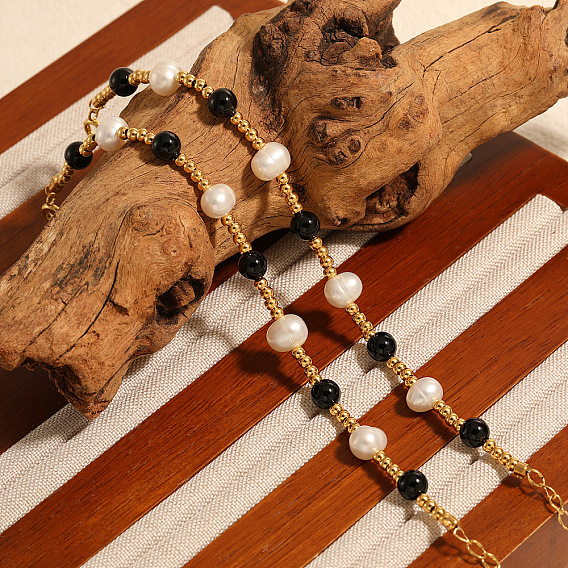 Французский винтажный стиль 304 браслеты из круглых бусин из нержавеющей стали, браслеты из пресноводного жемчуга для женщин, с натуральным черным агатом