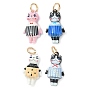 Brass with Enamel Pendants, Cat Shape with Striped Clothes Charms, Golden