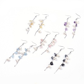 Natural Gemstone Dangle Earrings, with Pearls and Brass Bar Link, Platinum Tone Brass Earring Hooks