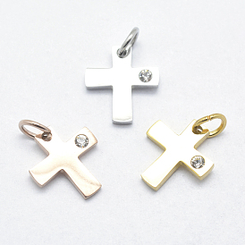 316 Surgical Stainless Steel Tiny Cross Charms, with Cubic Zirconia, Long-Lasting Plated