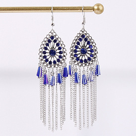 Bohemian Glass Earrings with Ethnic Style Waterdrop Rhinestone and Tassel Design