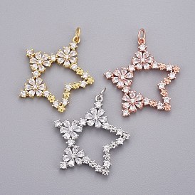 Messing Mikro ebnen Zirkonia Anhänger, mit Ringe springen, Stern mit Blume, Transparent