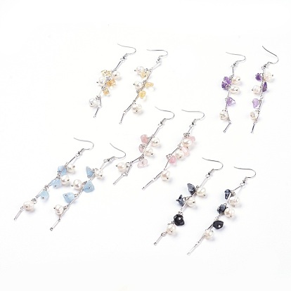Natural Gemstone Dangle Earrings, with Pearls and Brass Bar Link, Platinum Tone Brass Earring Hooks