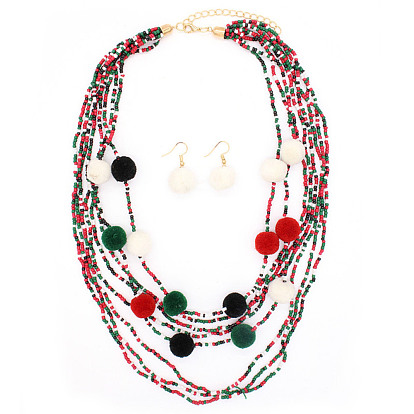 Полиэстеровый помпон с шариками и бусинами многослойные ожерелья и комплекты серег, комплекты ювелирных изделий из сплава