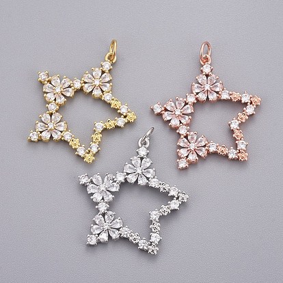 Messing Mikro ebnen Zirkonia Anhänger, mit Ringe springen, Stern mit Blume, Transparent