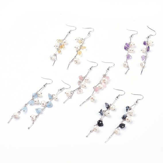 Natural Gemstone Dangle Earrings, with Pearls and Brass Bar Link, Platinum Tone Brass Earring Hooks