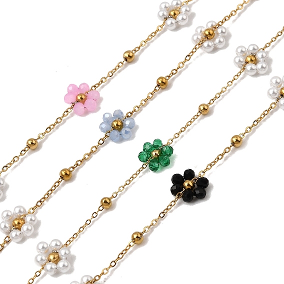 304 из нержавеющей стали цепи связи цветок, со стеклом и абс-пластиковым жемчугом, стойки покрытие, долговечный, ионное покрытие (ip), пайки, с катушкой, реальный 18 k позолоченный