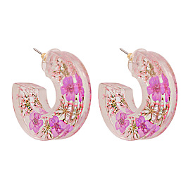 Resin Flower Earrings - Handmade, Eternal Dry Flower, C-shaped Stud Earrings.