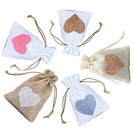 Burlap Packing Pouches Drawstring Bags, with Heart Pattern