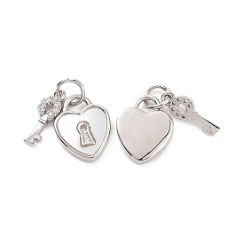 Brass Micro Pave Clear Cubic Zirconia Charms, with White Shell and Jump Ring, Heart Lock & Key