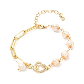 Infinite Heart Brass Micro Pave Cubic Zirconia Link Bracelet for Girl Women, Wire Wrap Round Pearl Beads & Paperclip Chain Bracelet, Golden