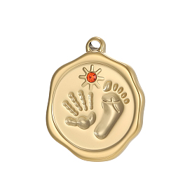 304 подвески из нержавеющей стали, плоская круглая форма с подвесками в виде отпечатков детских ножек, ионное покрытие (ip), с кубического циркония