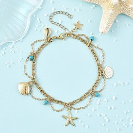 Ocean Synthetic Turquoise Beads & Alloy Starfish Shell Shape Charm Anklets with 304 Stainless Steel Cable Chain Tassel for Women