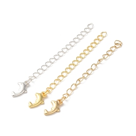 Rack Plating Brass Ends with Chain and Charms, Long-Lasting Plated, Lead Free & Cadmium Free, Dolphin