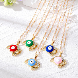 Ethnic Hollow Oil Drop Eyelash Eye Necklace with Devil Eye Pendant and Sweater Chain for Women