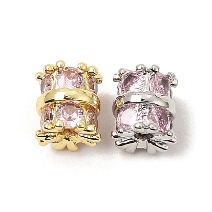 Brass Micro Pave Pink Cubic Zirconia Beads, Column, Cadmium Free & Lead Free, Rack Plating, Long-Lasting Plated