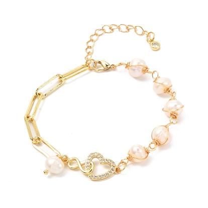 Infinite Heart Brass Micro Pave Cubic Zirconia Link Bracelet for Girl Women, Wire Wrap Round Pearl Beads & Paperclip Chain Bracelet, Golden