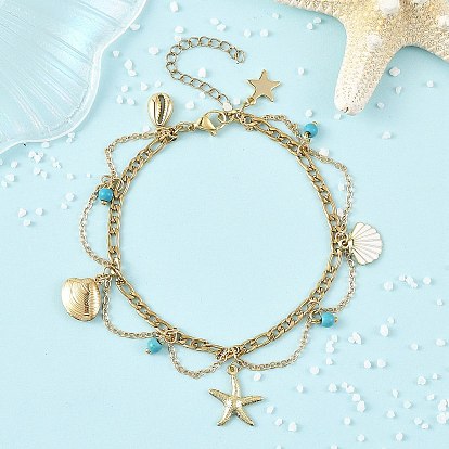 Ocean Synthetic Turquoise Beads & Alloy Starfish Shell Shape Charm Anklets with 304 Stainless Steel Cable Chain Tassel for Women
