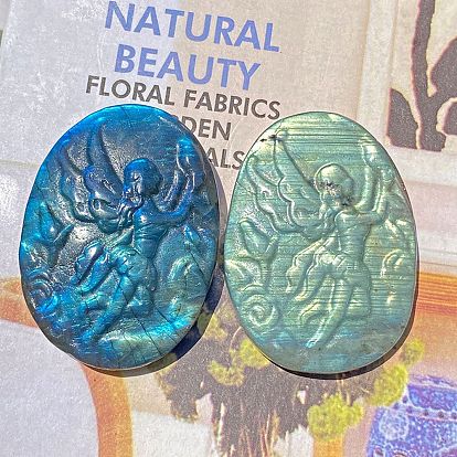 Natural Labradorite Carved Healing Oval with Angel Figurines, Reiki Energy Stone Display Decorations