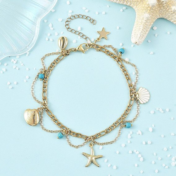 Ocean Synthetic Turquoise Beads & Alloy Starfish Shell Shape Charm Anklets with 304 Stainless Steel Cable Chain Tassel for Women