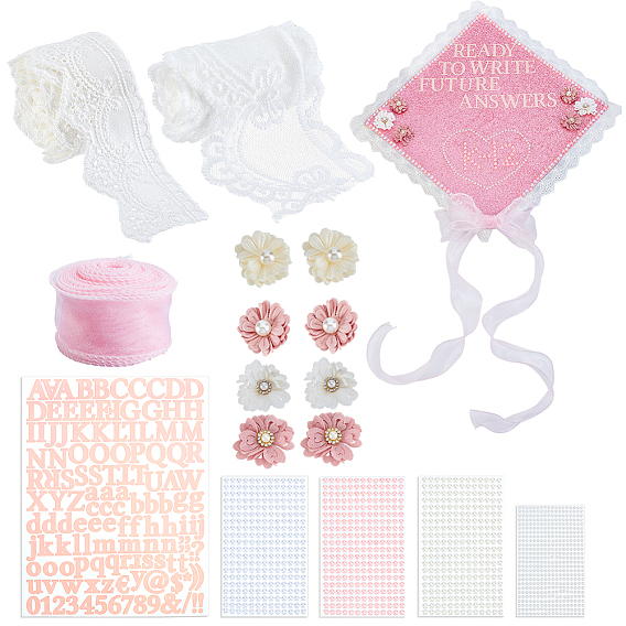 Kits para hacer birretes de graduación, Incluye 6 hojas de pegatinas autoadhesivas, 2 yardas de cintas de poliéster, 2 yardas de adorno de encaje de algodón hueco, 8piezas de flores de tela