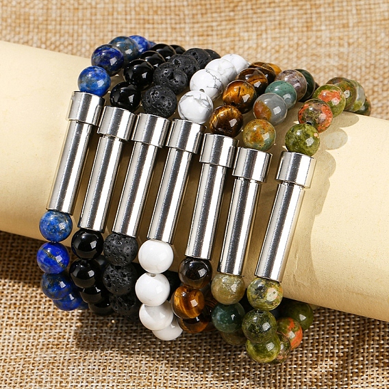 Natural Gemstone Round Beads Stretch Bracelets, Titanium Tube Link Bracelets for Women