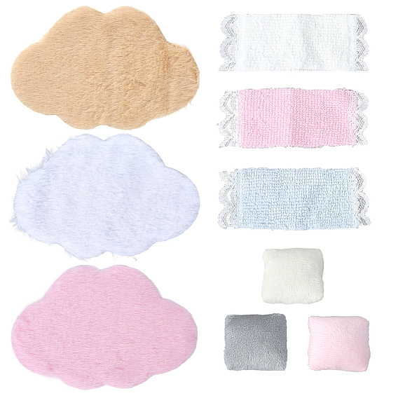 Наборы для кукольных домиков своими руками, включая подушку для кукольного домика из полиэстера, с ковровым орнаментом в форме облака из бархатной ткани и прямоугольным мини-полотенцем из полиэстера