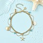 Ocean Synthetic Turquoise Beads & Alloy Starfish Shell Shape Charm Anklets with 304 Stainless Steel Cable Chain Tassel for Women