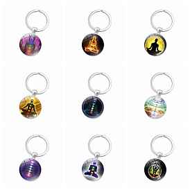 Seven Chakras Yoga Theme Glass Half Round/Dome Pendant Keychain, with Alloy Key Rings, for Car Bag Pendant Accessories